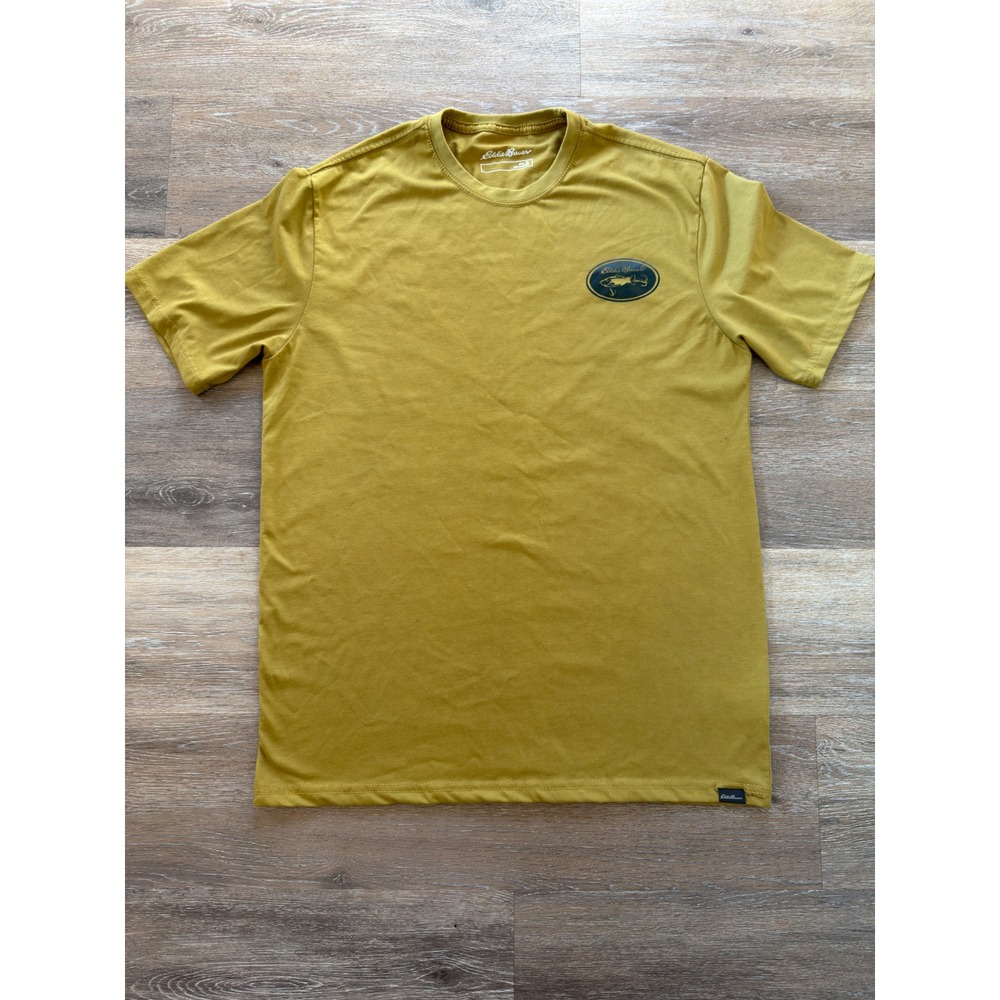 Eddie Bauer Mens XL T-Shirt Mustard Yellow Fishing Bass Graphic Short Sleeve Tee